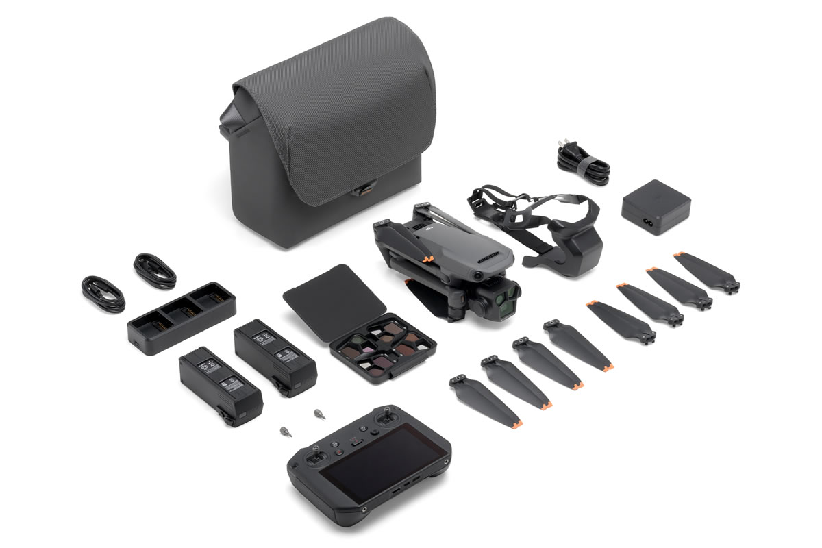 1080p高輝度画面を搭載したDJI RC Pro送信機、追加バッテリー2個、バッテリー充電ハブ、NDフィルターセットなどが同梱されています。